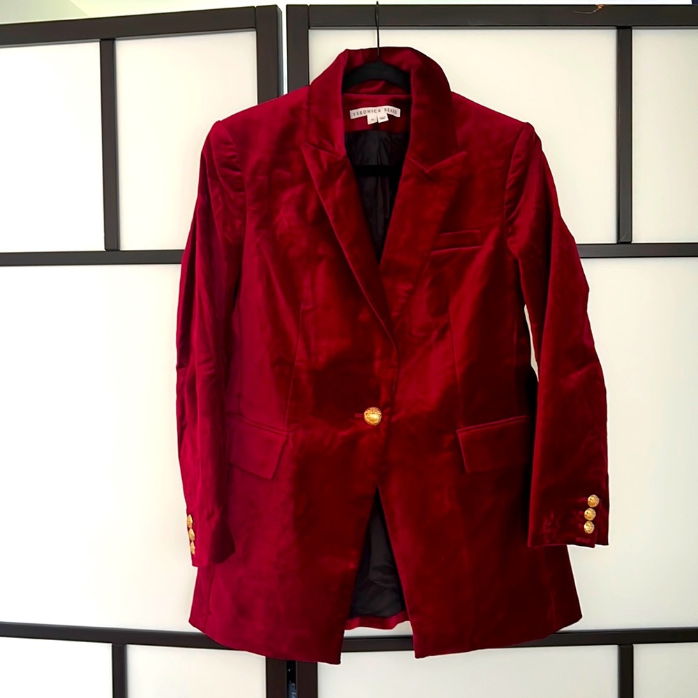Deep red velvet suit from Veronica Beard